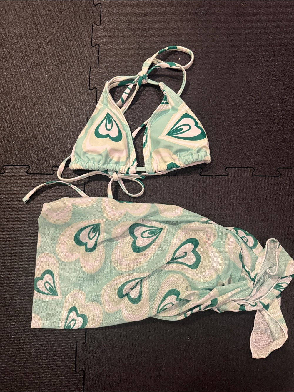 Mint Green Heart Print Triangle Bikini top with Matching Sarong